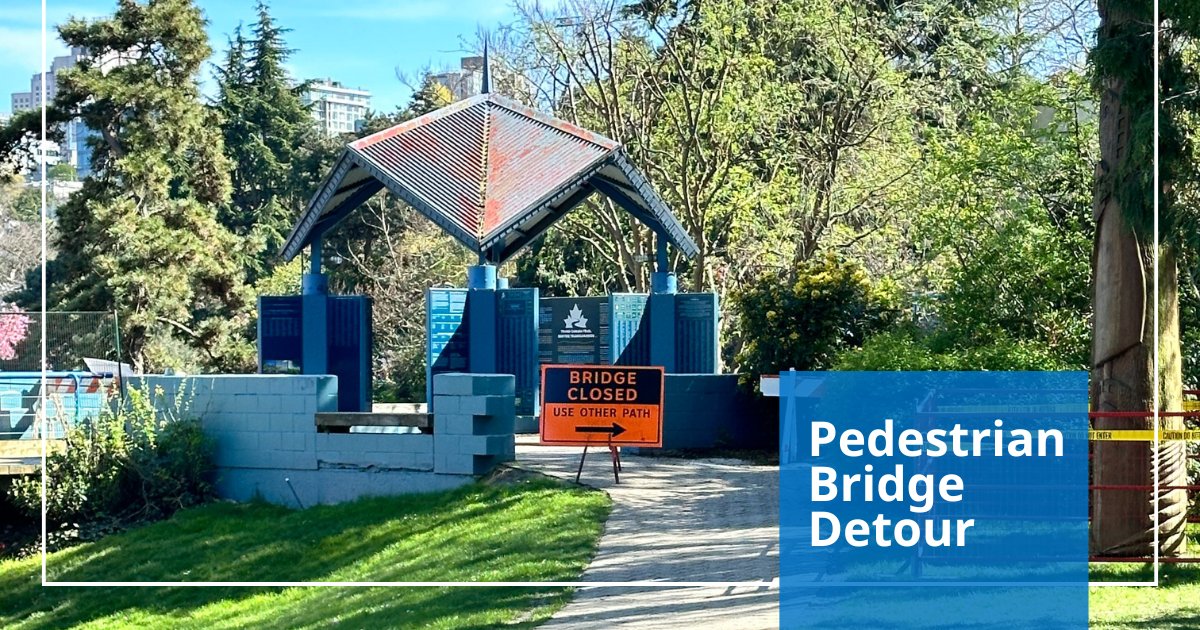 🚧PEDESTRIAN DETOUR: For your safety, we’ve created a simple & accessible detour to easily access False Creek Community Centre & @granville_isle while the Sutcliffe Park Timber Bridge remains closed. Thank you for continuing to use designated detour paths. @Parkboard