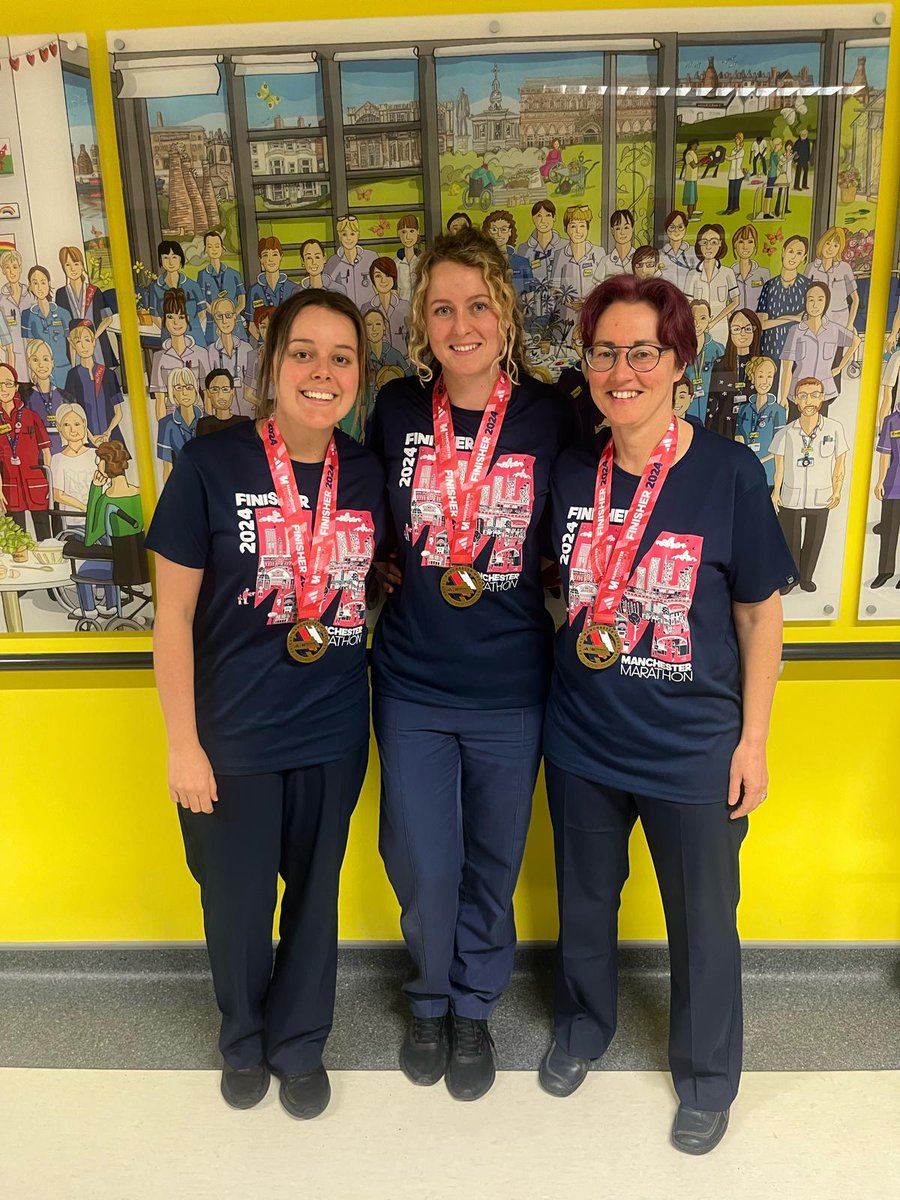 Well done and thank you to Neuro Physiotherapists Alison Arnold, Alice Young, and Meg Jones who ran the 26.2 mile-long Manchester Marathon to raise funds to create a garden for patients of Broadfield Ward at Haywood Hospital, where they are based 👏