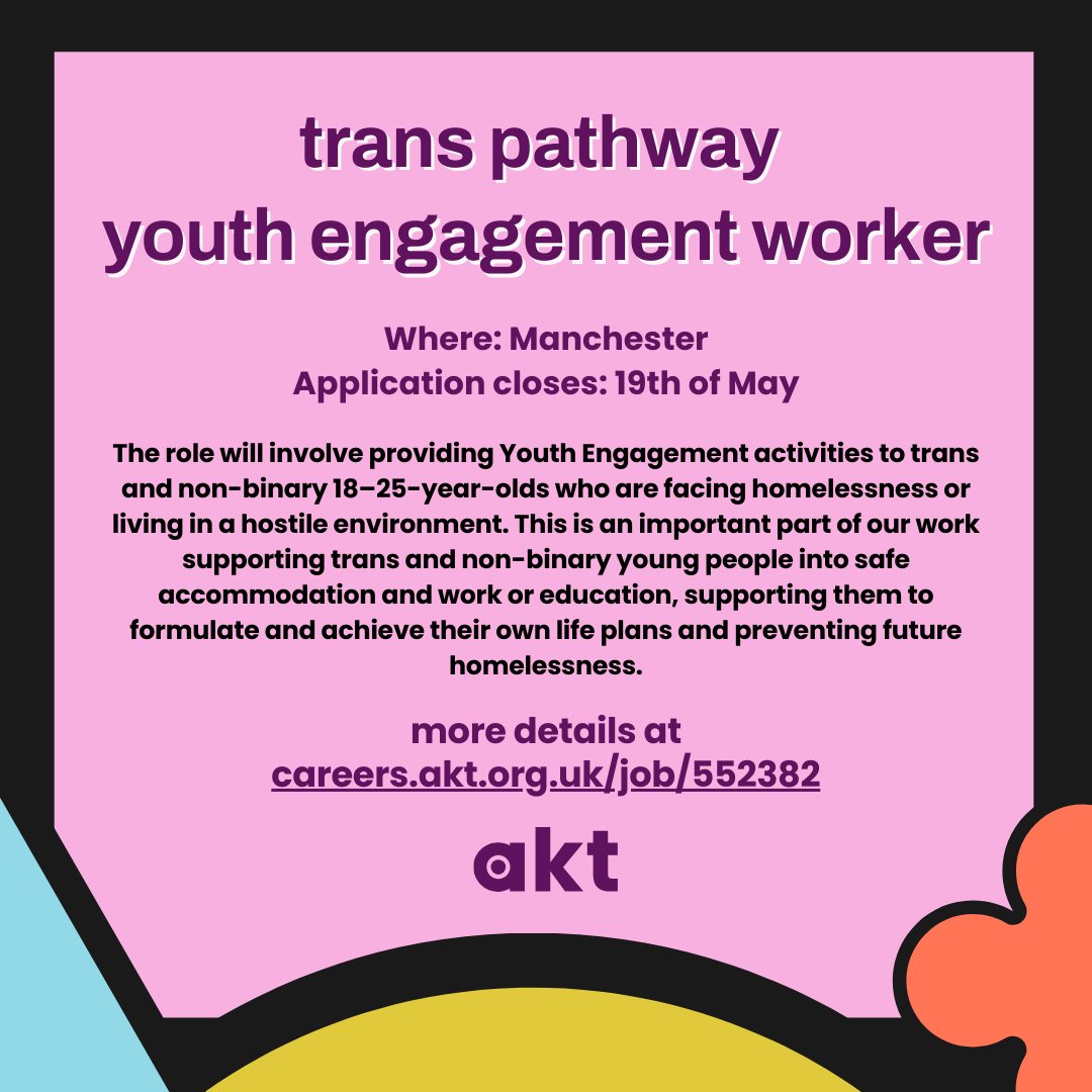 📣New Role Available!📣 We are currently looking for a Youth Engagement Worker to join our Trans Pathway Project team. Deadline: Sunday 19th May Find out more! 🔗careers.akt.org.uk/job/552382?utm…