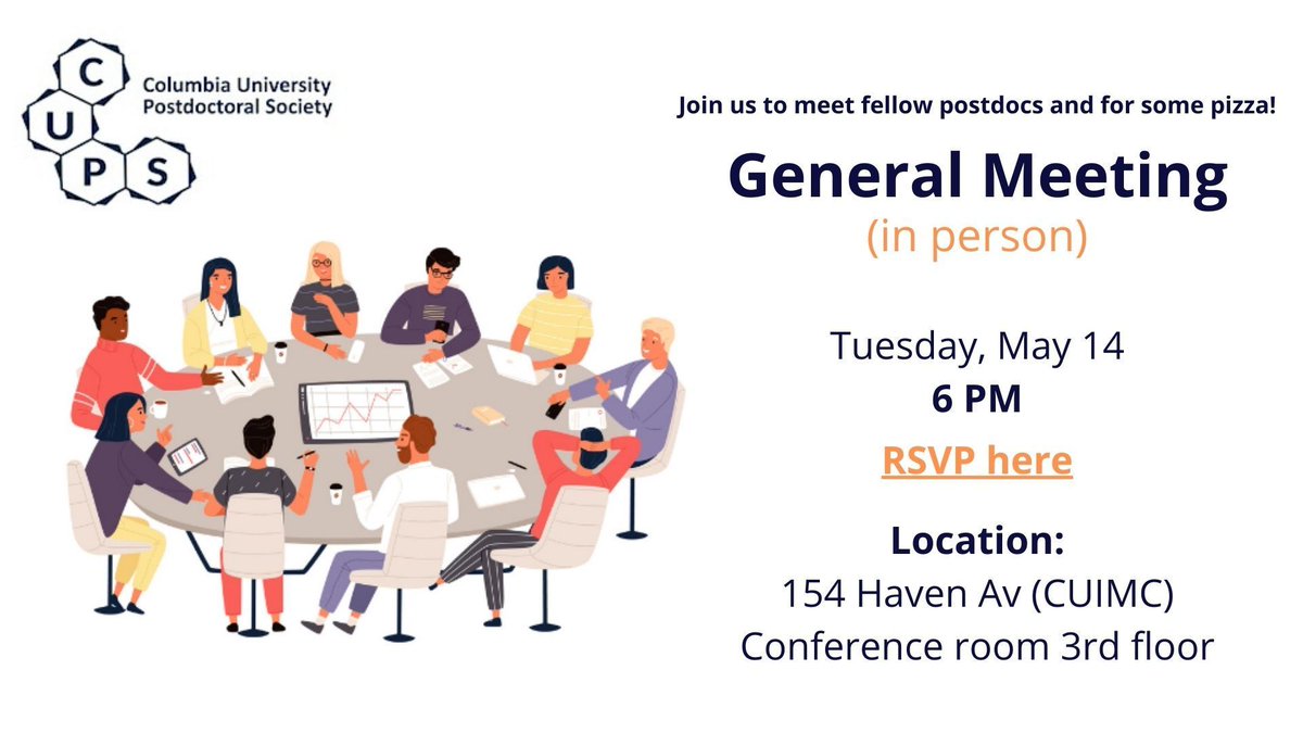 CUPostdocs's tweet image. Meet fellow postdocs and share your ideas for future CUPS event at our next General Meeting on May 14th (6pm) at CUMC! 🗣️ 🍕 RSVP to join 👉 buff.ly/4ba3Tuz