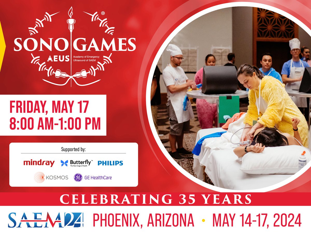 Our #SAEM24 SonoGames® ultrasound competition is around the corner! Cheer on #EmergencyMedicine residents as they demonstrate their skills and knowledge of point-of-care ultrasound ow.ly/kco150Rk16a @Mindray_NA @ButterflyNetInc @GEHealthCare @kosmos_echonous @PhilipsHealth