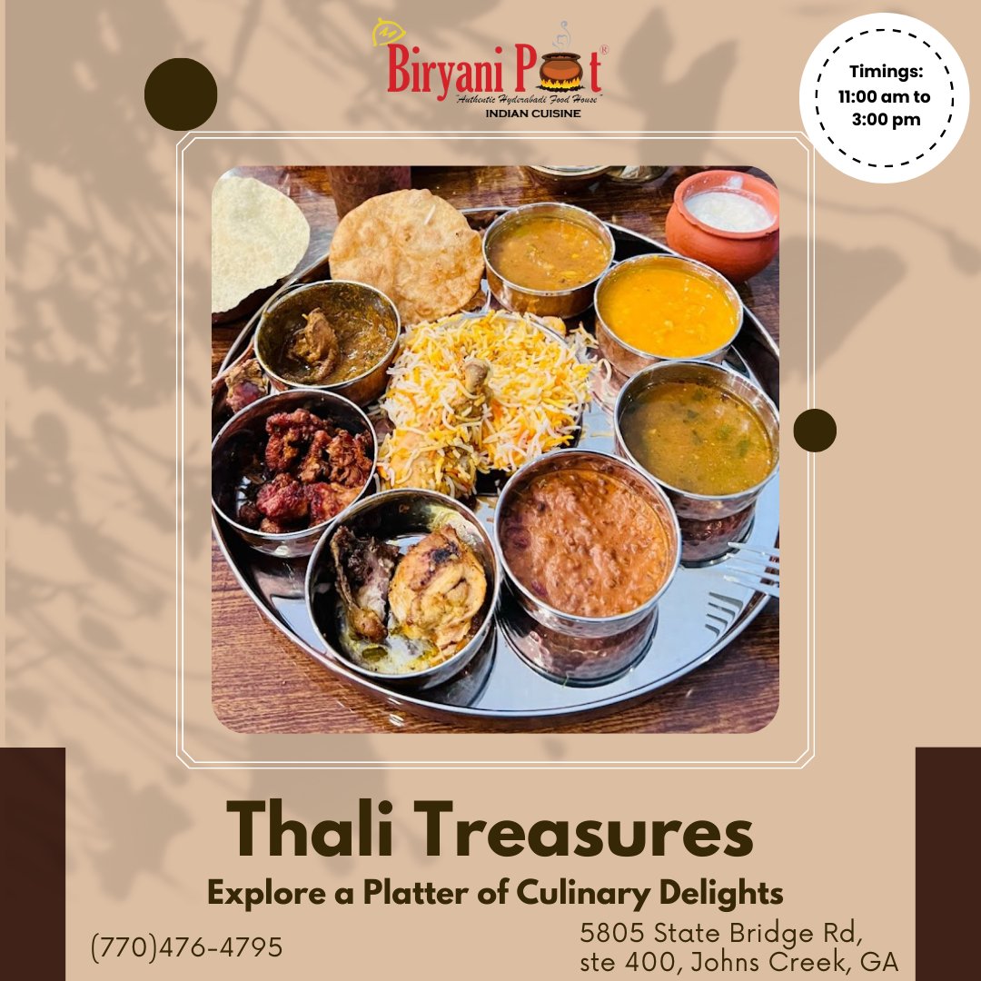 Experience a symphony of flavors with our Thali specials! Indulge in a delightful spread of traditional dishes crafted to perfection. Dive into a culinary adventure like no other. #ThaliDelights #IndianCuisine #BiryaniPotExperience #biryanipot #johnscreek #johnscreekga