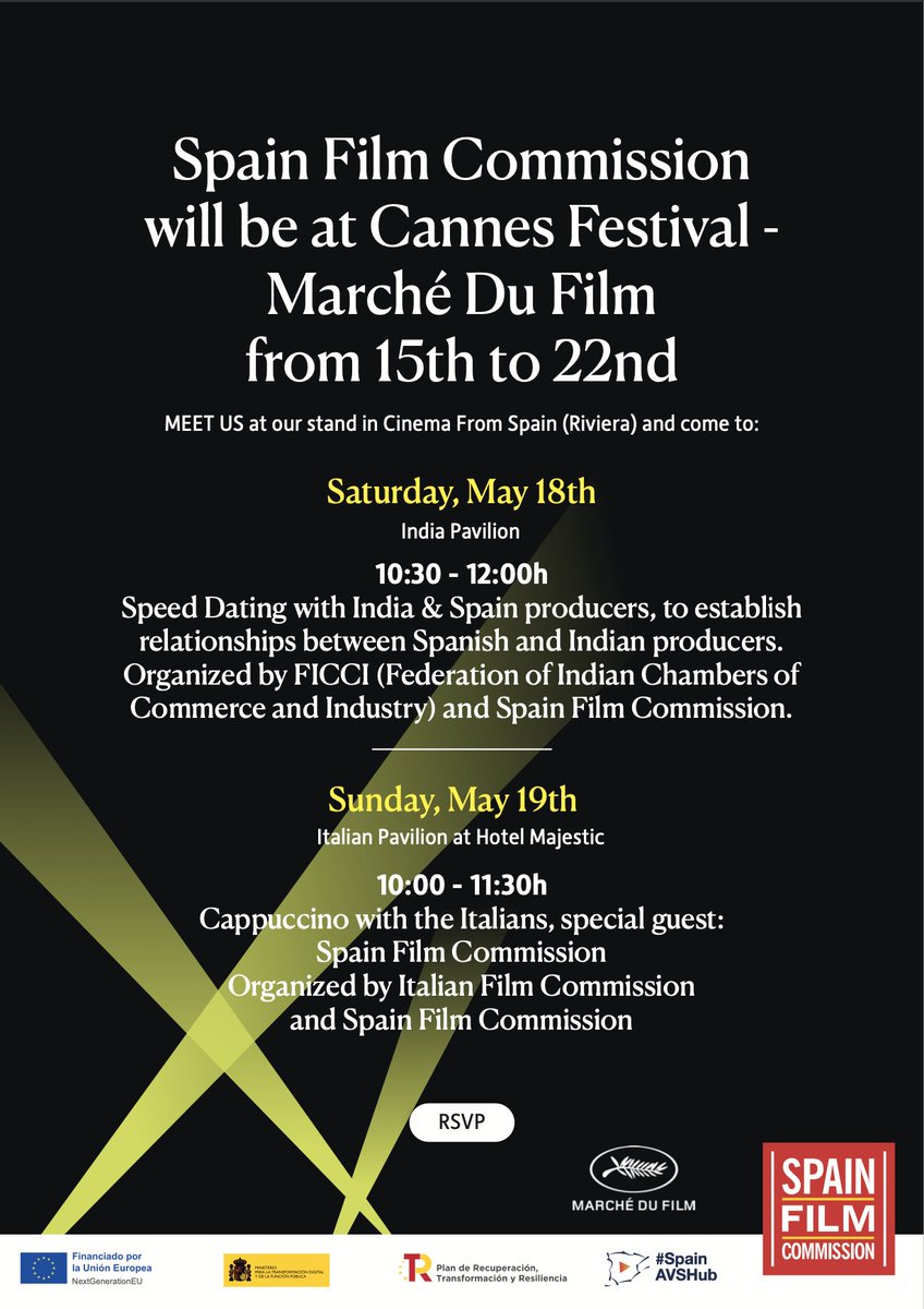 ❗️SFC will be at @mdf_cannes - @Festival_Cannes: 
➡️ Speed Dating India & Spain producers with @ficci_india 
➡️ Cappuccino with the Italians with SFC 
➡️ We will participate in the panel on the first India-Spain coproduction: on May 17th, at 10:00, at the India Pavilion