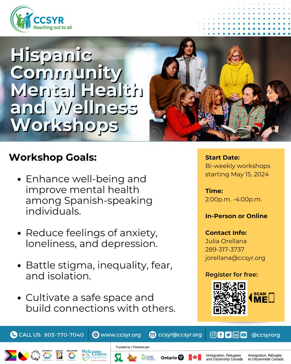 We are introducing Mental Health and Wellness workshops for the Hispanic community starting mid-May. Contact jorellana@ccsyr.org if you want to join this free workshop and enhance your well-being!
#spanishcommunity #ccsyr #yorkregion #counsellingservices #communityengagement