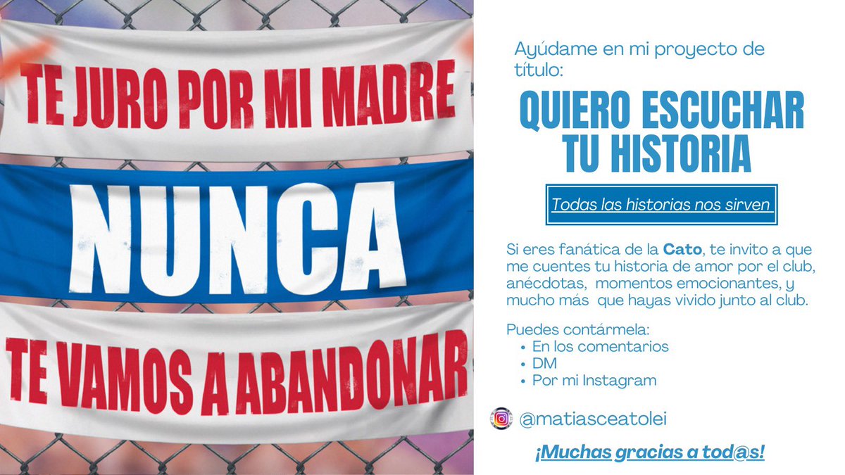 🤍💙¡ATENCIÓN CRUZADAS DE CORAZÓN! 🤍💙

Sigue el proyecto de título y estamos buscando historias de HINCHAS CRUZADAS. Puedes ser tú, tu mamá, amiga, tía, conocida, lo que sea sirve. Debe ser una historia humana ligada a la Cato del tema que sea. ¡Ayúdame Retwitteando! Gracias 🙏