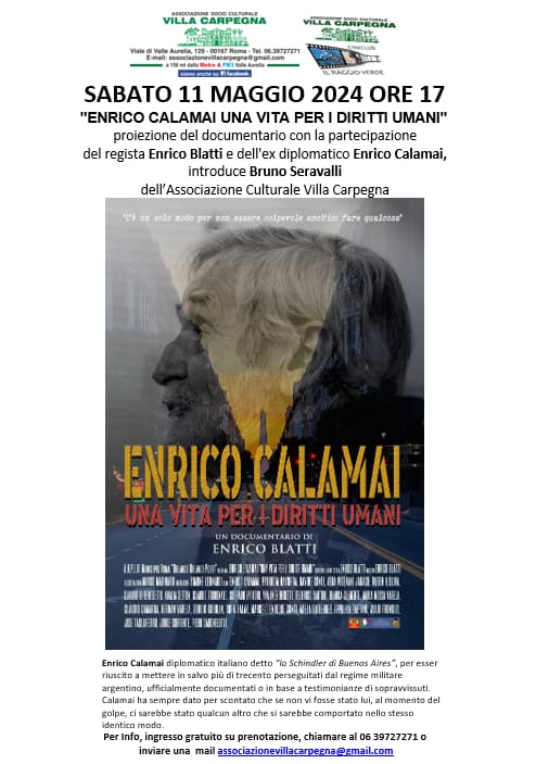 🔴SABATO #11MAGGIO 2024 ore 17:00
c/o Associazione Socio Culturale 'Villa Carpegna'.
Viale di Valle Aurelia 129 #ROMA
Proiezione del documentario '#EnricoCalamai una vita per i diritti umani' di #EnricoBlatti.Saranno presenti l'ex Console ed il regista.⬇️