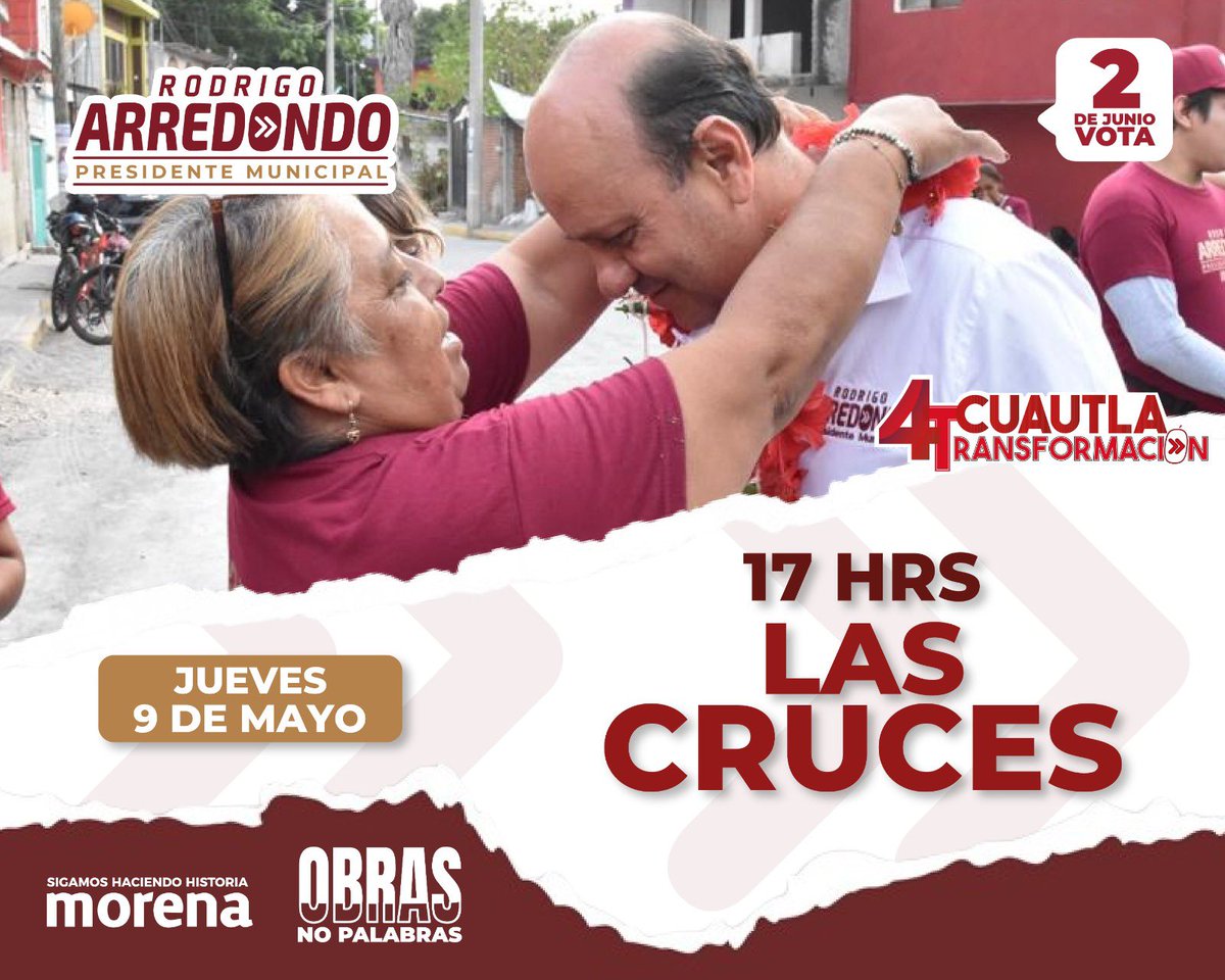 ¡Atención, Las Cruces! 📣🤩

Hoy jueves 🗓️ 9 de mayo estaremos visitando su colonia a las ⏰ 5 pm, no falten y sean parte de este momento de la transformación. 🙋

#CuautlaTransformación #Elecciones2024 #YoConRodrigo