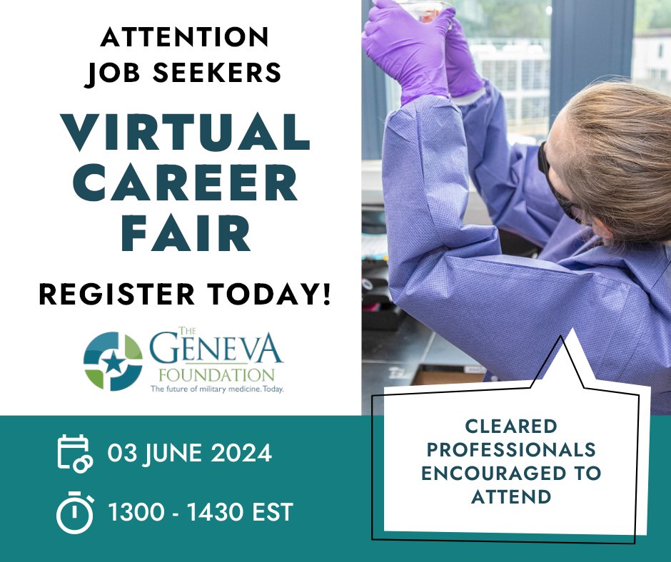 We are excited to announce that we are hosting a virtual career fair on 3 June 2024 at 1300 EST. Are you a cleared professional? If so, we encourage you to attend! Sign up below, today!
bit.ly/3Wqbl00

#TeamGeneva #MilMed #CareerFair
