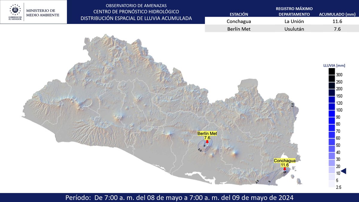 📌#ElObservatorioInforma Mapa de distribución espacial de lluvia registrada desde las 7:00 a. m. del 08 de mayo hasta las 7:00 a. m. del 09 de mayo de 2024.