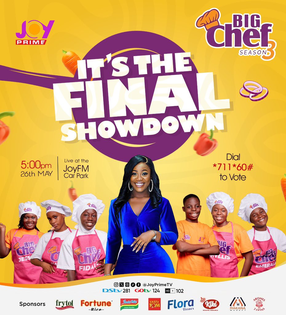 Just can't wait for 26th May 🤭 It's the Final Showdown of Big Chef! coming on live at the JoyFm Car park. Start voting to get your favourite winning this season’s Big Chef! Dial *711*60# to vote.