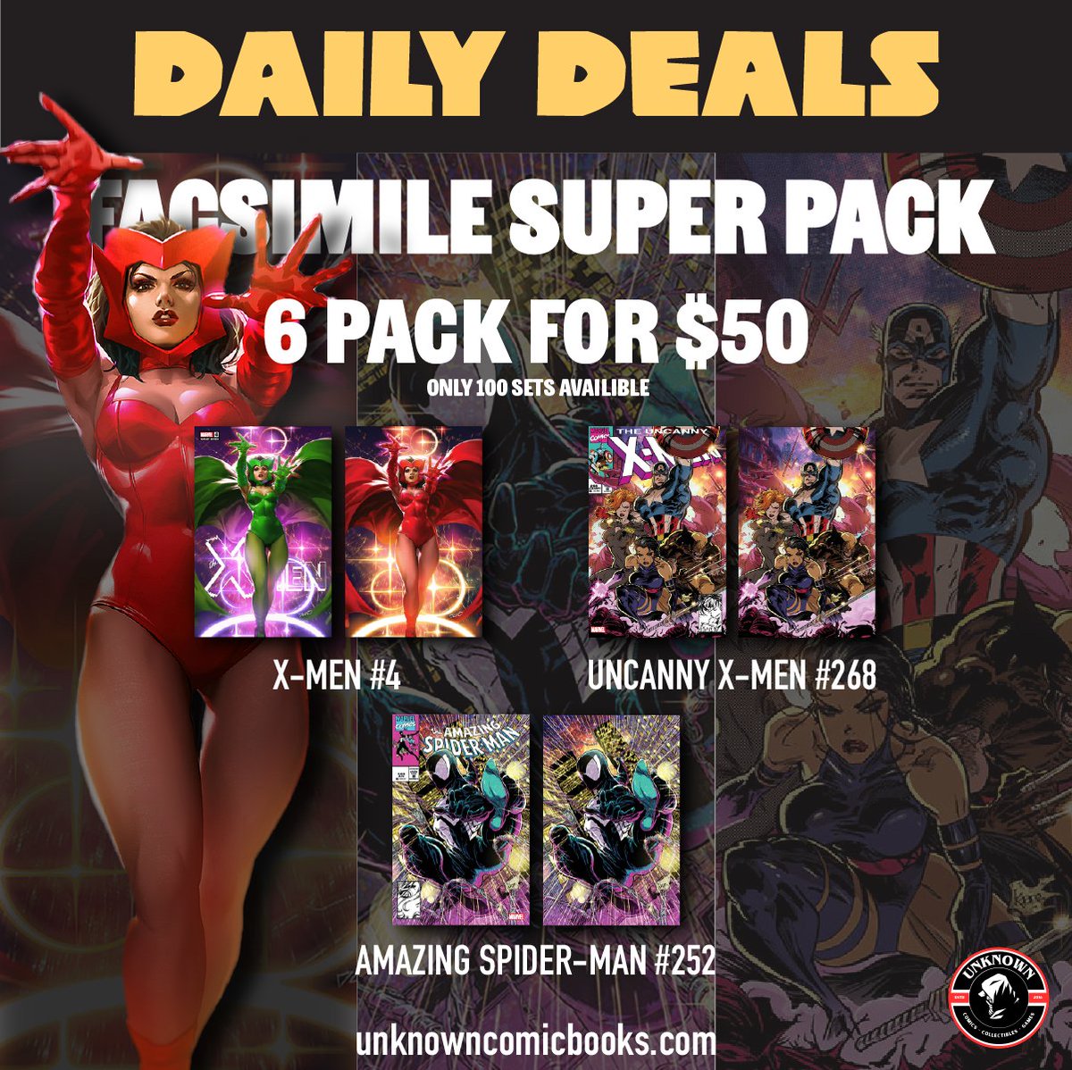 6 for the price of (basically) none!  Facsimile Super Pack (TD & Virgin) featuring X-Men #4, Uncanny X-Men #268 & Amazing Spider-Man #252 for a steal! Only 100 sets & today only! UnknownComicBooks.com #FacsimileSuperPack #LimitedTimeOffer #UnknownComics