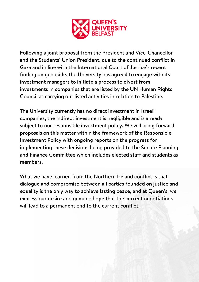 Today, we are reiterating our @QUBVChancellor's call for an immediate ceasefire in the #Palestinian territory of #Gaza. We have met with various stakeholders to listen to the views of the communities and agree a way forward, which includes an enhanced student role in the…