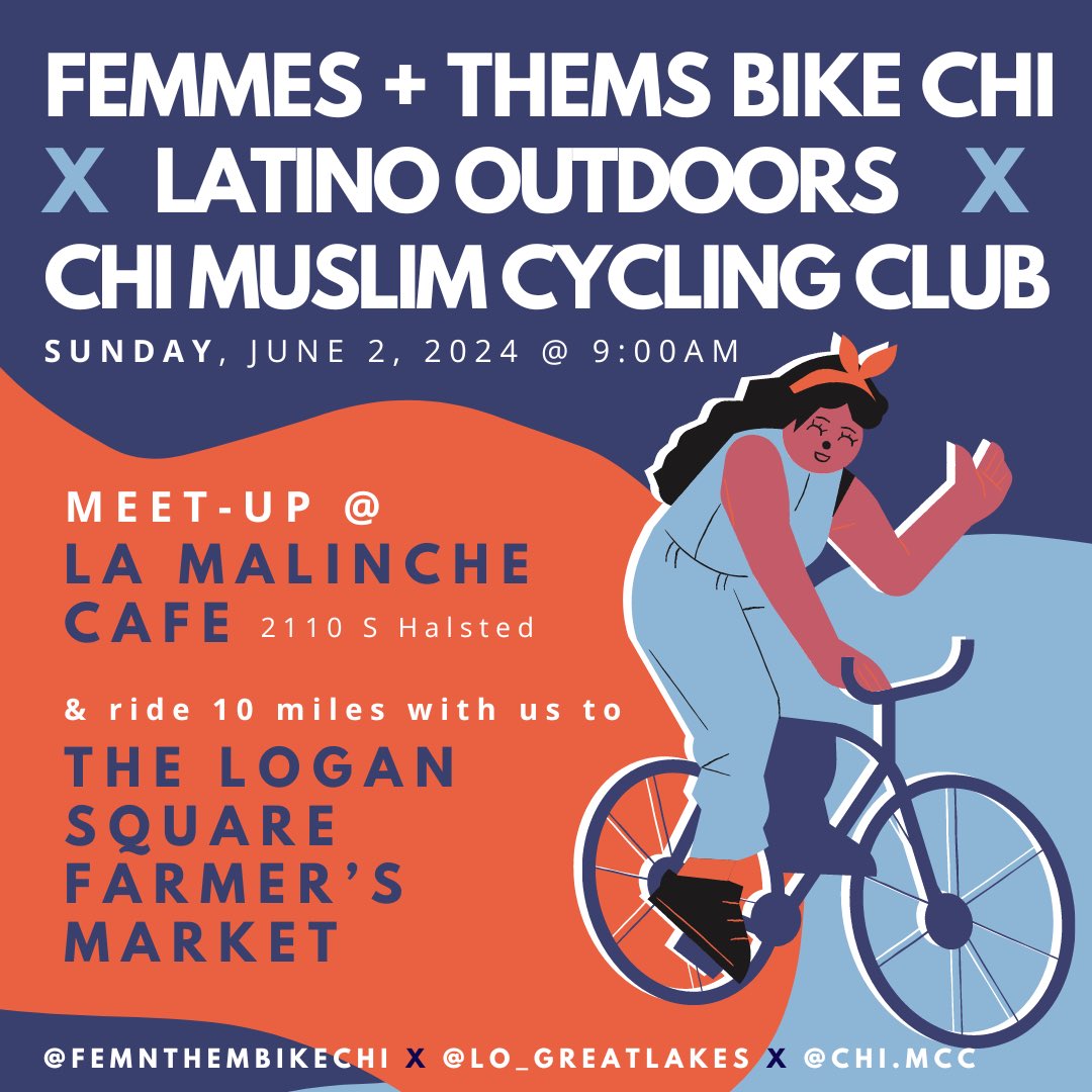 Come join us and our friends at @LatinoOutdoors & Chicago Muslim Cycling Club for our June Social Ride on **SUNDAY** June 2nd. 🌳🌞🫐 We’ll be meeting up at La Malinche Cafe & riding approx 10 miles to @LSFarmersMarket where we will hang & grab lunch.
