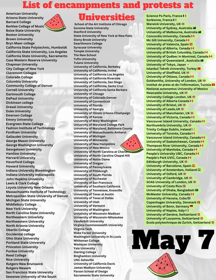 Lista de acampadas y protestas en universidades de todo el mundo 🌎 Sigan a #EstudiantesPorPalestina contra #GenocidioEnGaza