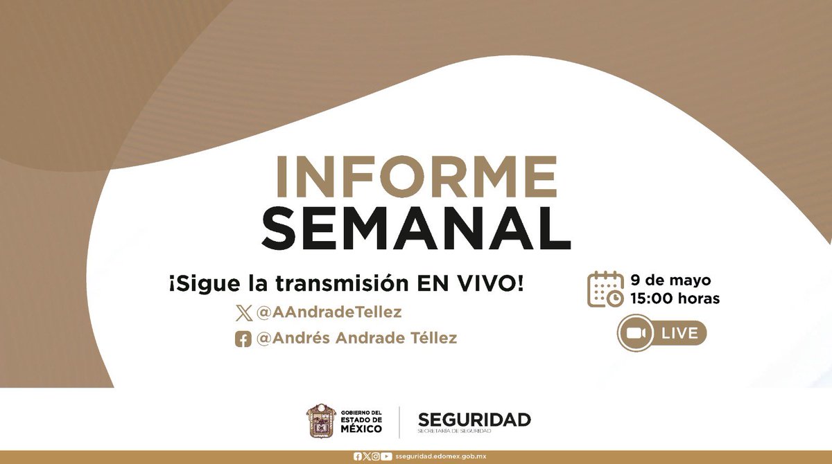 Invito a la ciudadanía a seguir el Informe Semanal, #EnVivo. A través de mis redes sociales, a las 15:00 horas. #SomosMásLosBuenos #MásInteligenciaMenosViolencia