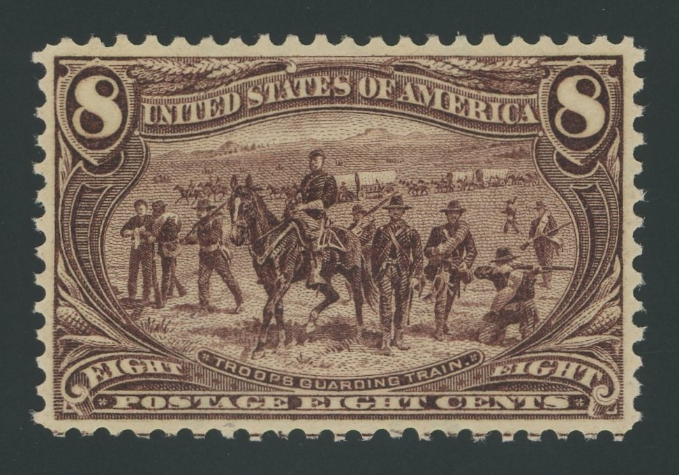 #philately #stamps Stamp of the day.
USA 289 - 8 cent Trans Mississippi Exposition issue of 1898. Troops guarding train.