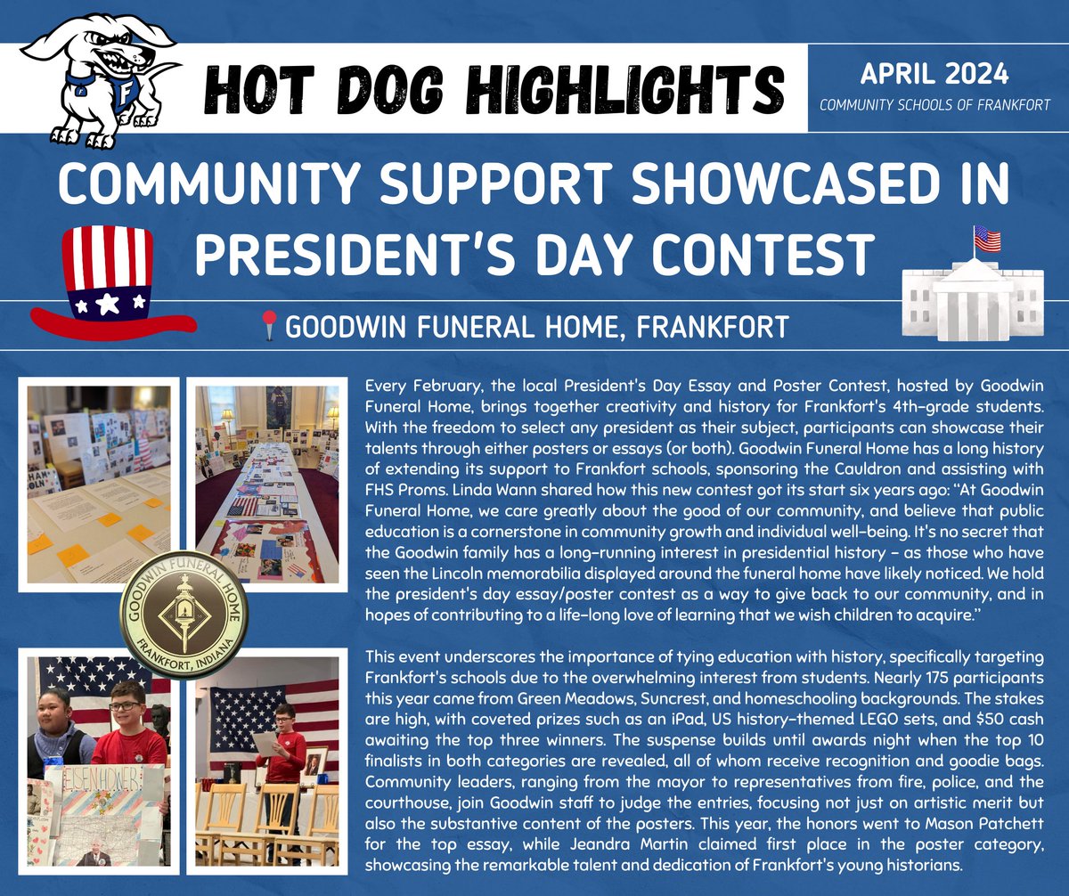 Check out the latest Hot Dog Highlight, featuring the annual President's Day Poster & Essay Contest put on by Goodwin Funeral Home! 🐾🗽 We are so grateful for amazing community partnerships like this one that support our students' success. #hotdogexcellence #CommunitySupport