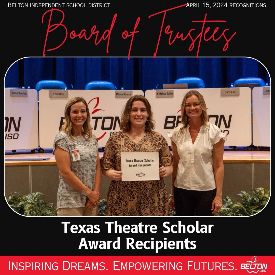 The Texas Theatre Scholar Award Recipients were recognized at the April Board of Trustees Meeting. #EACHandEVERYstudent #CelebrateBISD🍎 📸 bit.ly/3WdlDRd