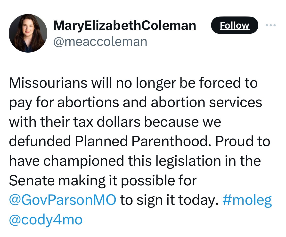 She is a liar. Planned Parenthood hasn’t received this money from the state in two years and they do not provide abortion care in MO. She fought this hard to keep women on Medicaid from accessing birth control and other essential health services. Read⬇️ missouridemocrats.org/governor-parso…