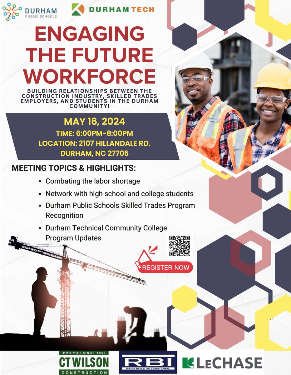 Join the WayMaker's Collaborative for an evening of networking and presentations from Durham Tech, @DurhamPublicSch and other organizations on how they are preparing students for the skilled trades labor shortage.

Register now: tinyurl.com/3mkuyfrv

#DoGreatThings