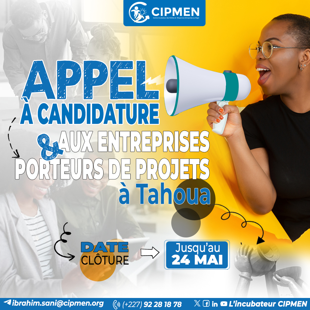 #news
Appel à candidature ouvert ! 🌟
 Postulez dès maintenant ! 💼💡
Date limite : 24 mai 2024
Retrait du formulaire à l'adresse : CIPMEN - Tahoua, non loin de la BCEAO ou soumissionnez via le lien : 👇forms.office.com/r/R8vNCXxC5z?o…
#formation #incubation #motivation
#AppelÀCandidature