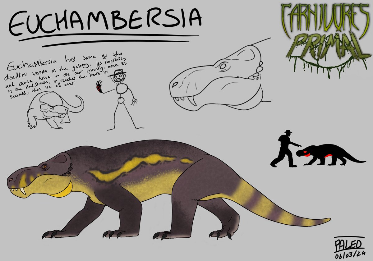 -Euchambersia Concept Sheet-

Euchambersia is one of my favourite designs so far, It's colours are based on a mangrove snake, I really liked the idea of a bright yellow used as warning colours contrasted against a dark purple.

❤️🔁 Are incredibly appreciated ^^