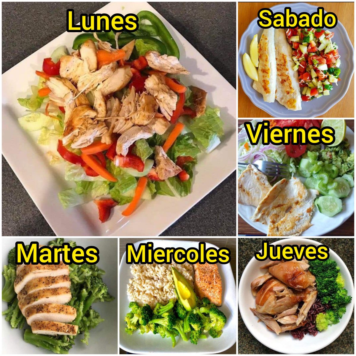 Almuerzos para tu semana

Lunes
Pechuga
Verduras
Aguacate

Martes
Pechuga
Brocoli
Arroz

Miercoles 
Salmón
Aguacate
Verduras
Arroz

Jueves
Pechuga
Verduras

Viernes
Filete de cerdo
AguacaTe
Ensalada

Sabado
Filete de pescado
Verduras
Aguacate