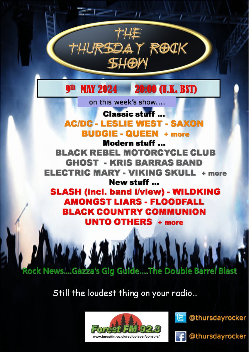 Just announced! @thursdayrocker #radioshow @ForestFM today 8pm (UK) stream forestfm.co.uk/radioplayer/co… feat. @QueenWillRock @acdc @SaxonOfficial @KrisBarrasBand @thebandGHOST @ElectricMary @BRMCofficial @Slash @bccommunion @untootherspdx @FloodfallBand @amongstliars + many more