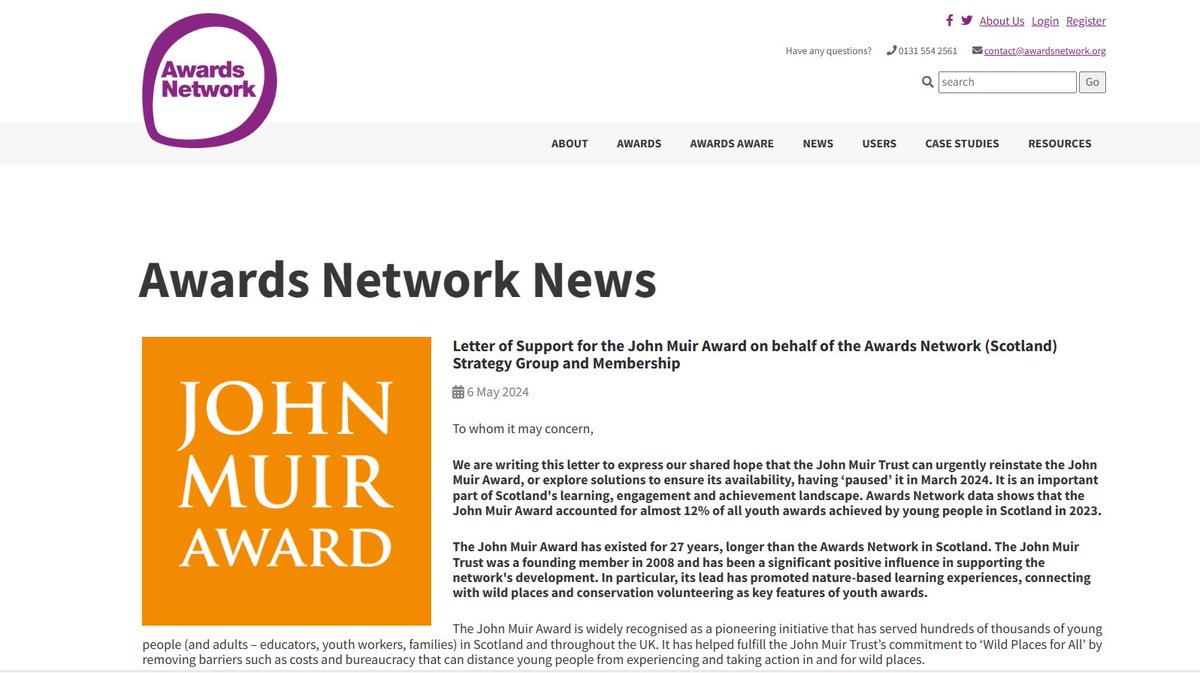Strong endorsement of #JohnMuirAward from @Awards_Network, & request for @JohnMuirTrust to 'explore solutions to ensure its availability'.

Anyone can use, share, add their voice...

awardsnetwork.org/news/