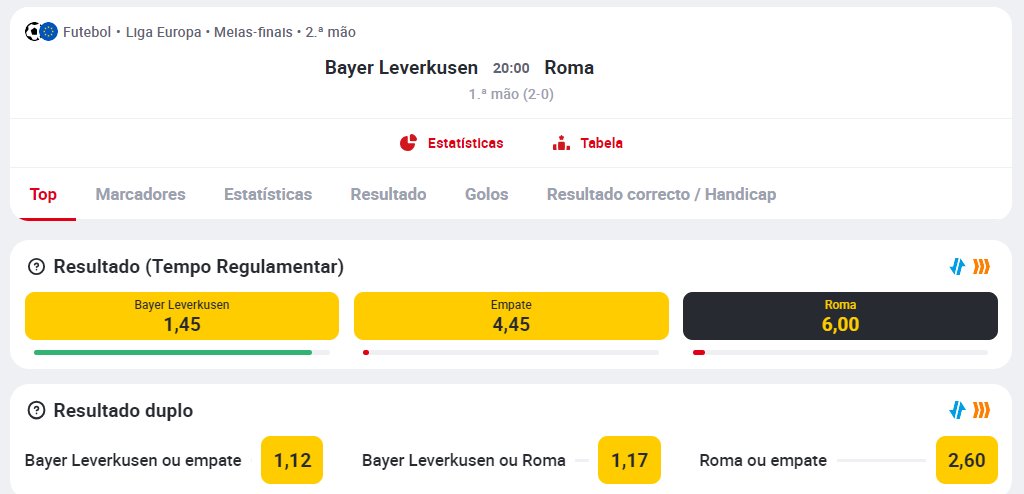 ⚽ Se a Roma conseguir quebrar a invencibilidade do Leverkusen (Odd 6,00) sorteamos 10€ de Freebets para 10 pessoas.
 
- Segue a @BetclicPortugal
- Dá RT + Like
- Comenta com o teu Username Betclic

1 comentário por pessoa.