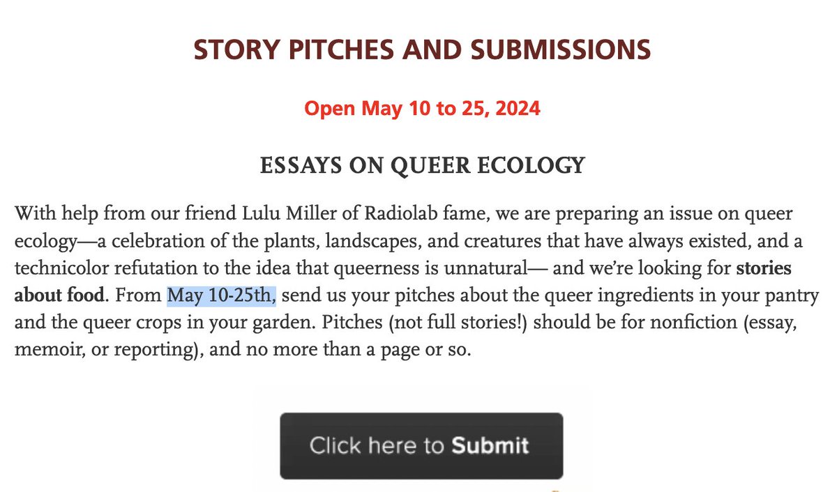 one of the most exciting pitch calls I've ever seen—Orion is looking for queer nonfiction stories about food!!! orionmagazine.org/submission-gui…