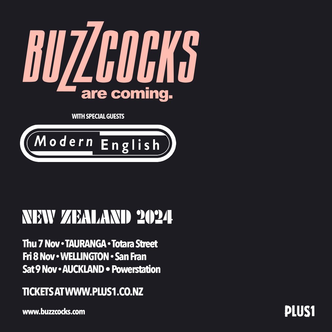 New Zealand, we are coming to your way! 

We are going back on tour with @the_official_buzzcocks this November for three not to be missed shows. Tickets are available from @plus1org at the link below: 

plus1.co.nz/buzzcocks24