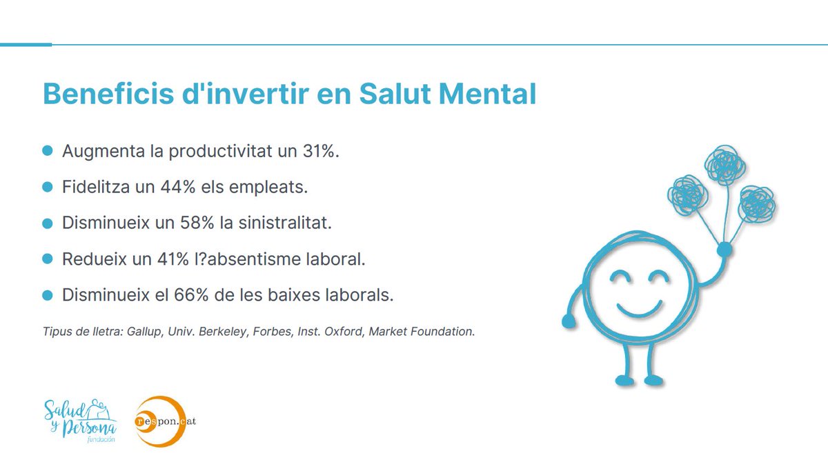 La #FormacióRSE d'avui, sobre empresa saludable i salut mental, ha demostrat els nombrosos beneficis de què les organitzacions inverteixin en el benestar dels seus equips de professionals: més productivitat, menys absentisme laboral... Moltes gràcies Joan Piñol de @saludypersona