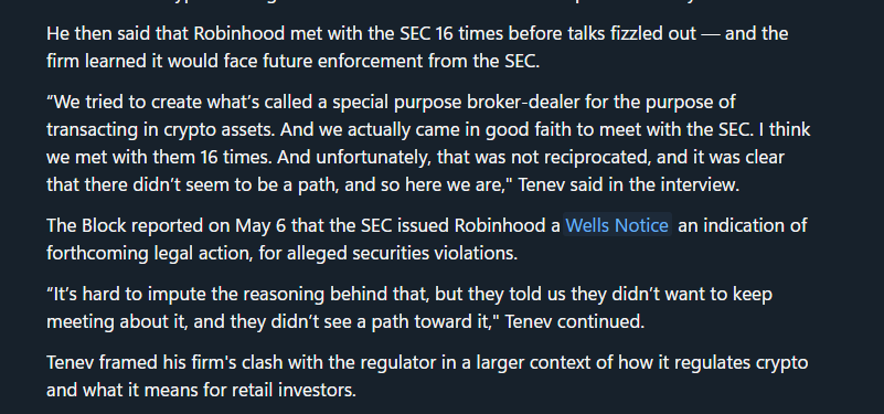 Robinhood has every possible securities license, TradFi securities relationship, an army of traditional securities lawyers, etc., and even THEY can't figure out how to offer crypto compliantly ***even if they were to treat tokens as securities***

that says it all right there