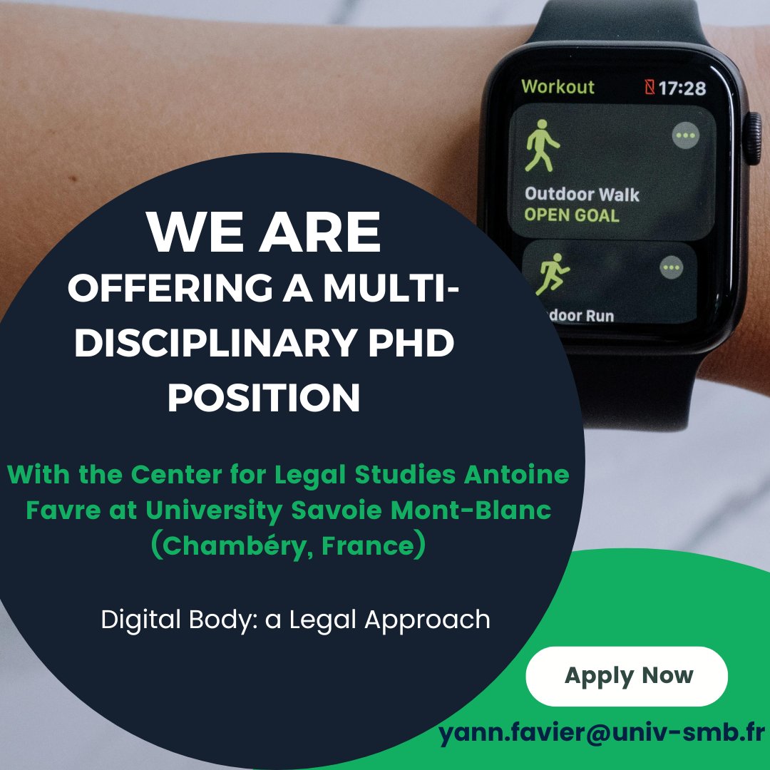 🚨 #PhD position offered by @Univ_Savoie 🚨 📚 Theme: 'Digital Body: a legal approach' 🗓️ Deadline 31 May 2024 🔗 Further information: lawandtech.ie/phd-position-d…