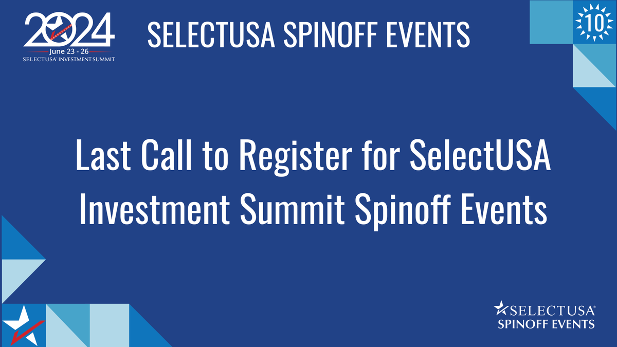 DON’T MISS OUT! #SelectUSASummit Spinoff event registration deadlines are fast approaching on MAY 15! Explore our Spinoff Event calendar so you don’t miss out on the exciting opportunity to tour U.S. states and meet with industry experts: selectusasummit.us/Programming/Sp…