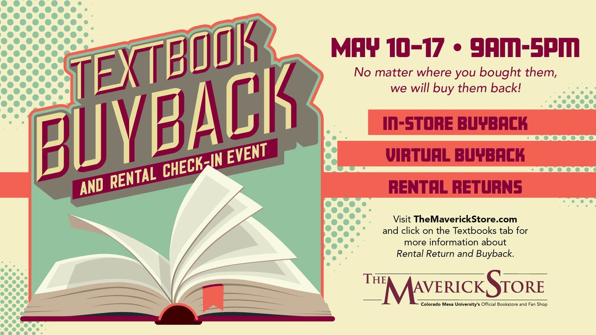 📚 Mavericks, don't miss out on our Textbook Buyback & Rental Check-In Event happening from May 10-17, 9am-5pm at The Maverick Store. Whether you bought your textbooks here or elsewhere, we'll buy them back! Learn more ⤵️ themaverickstore.com