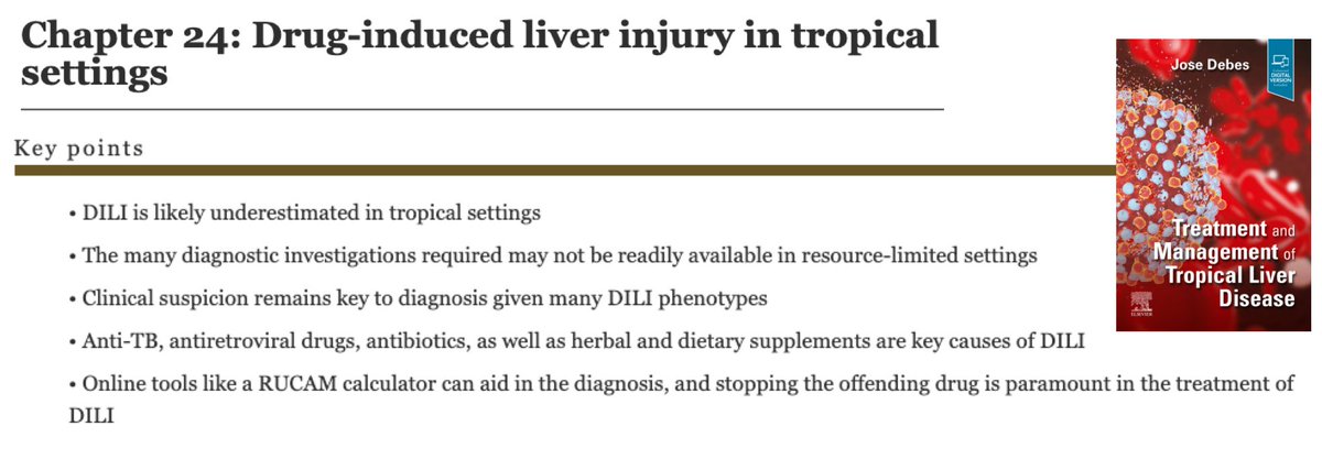 Key points on DILI in resource-limited settings by @mark_sonderup from South Africa! Great overview in Management of Tropical Liver Disease tinyurl.com/yrg9qune @NancyDEditor@UCT_news @TzHepAlliance @AfricaAhi