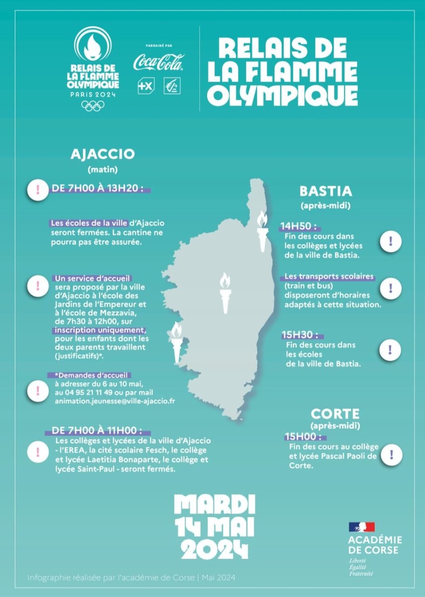 🗓️ Le mardi 14 mai 2024, la #Corse accueille la Flamme Olympique : les élèves et personnels des écoles, collèges et lycées de l'académie seront au rendez-vous lors de ce jour historique !
👫 Le programme détaillé ici ➡️ ac-corse.fr/la-corse-accue…
👇🏼 Points spécifiques d'organisation