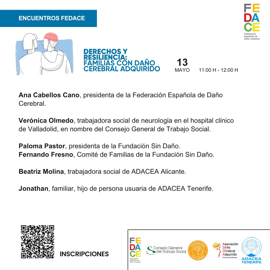 Encuentro FEDACE: ''Derechos y resiliencia: familias con #dañocerebraladquirido'

📆lunes 13 de mayo
🕐11:00 - 12:00
📺Youtube

Acompáñanos para hablar de necesidades, recursos para familias y diferentes experiencias. 

Inscríbete:
forms.office.com/Pages/Response…