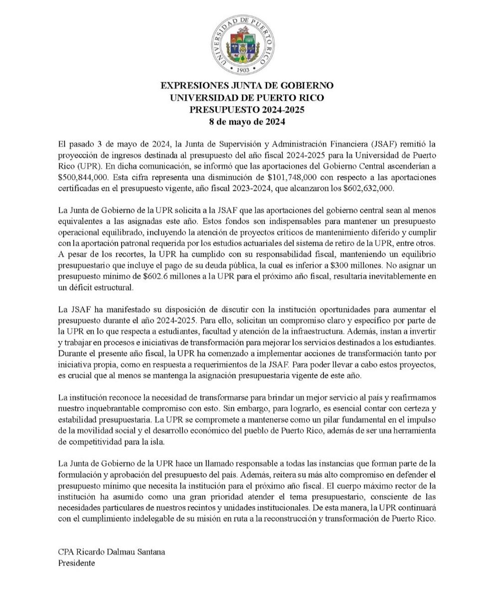 La UPR, como primer centro docente y proyecto socioeconómico más importante del país, necesita un presupuesto robusto que cumpla con las necesidades de su facultad y estudiantado. Tenemos el deber de defender nuestra universidad: de la JCF y todo aquel que atente contra ella.