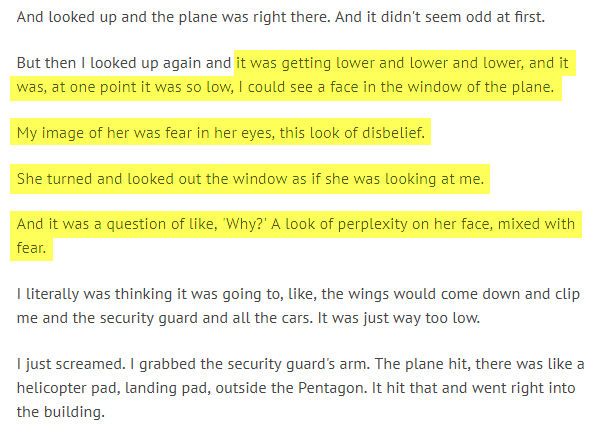 How reliable are the accounts of people who claimed they saw a plane hit the Pentagon on 9/11? Kim Flyler said she was able to see 'a face in the window of the plane' with 'fear in her eyes, this look of disbelief' as Flight 77 flew past her at 530 mph - wfmz.com/news/area/lehi…