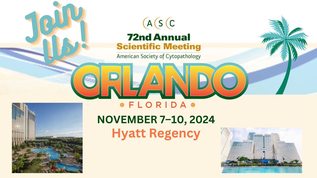 Book your hotel now for the ASC Annual Scientific Meeting to be held in Orlando, Florida, November 7-10, 2024. Take advantage of the special discounted rates for meeting attendees. buff.ly/3WsTSEr Meeting registration will open in July. #ASCyto24 #cyto #cytopath