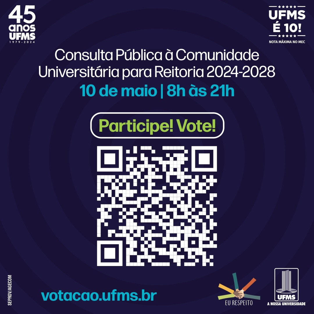 🔵 Participe da consulta à comunidade para a escolha de reitor e vice-reitor! 🔵 Será amanhã, das 8h às 21h, na página votacao.ufms.br, com acesso pelo Passaporte UFMS.