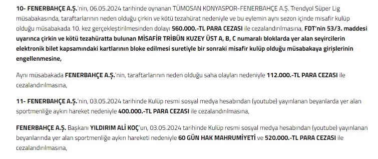 #SONDAKİKA | PFDK, Fenerbahçe'ye toplamda 1 milyon 72 bin TL ceza verdi! Ali Koç'a ise açıklamaları nedeniyle 520 bin TL para cezası ve 60 gün hak mahrumiyeti cezası verildi!