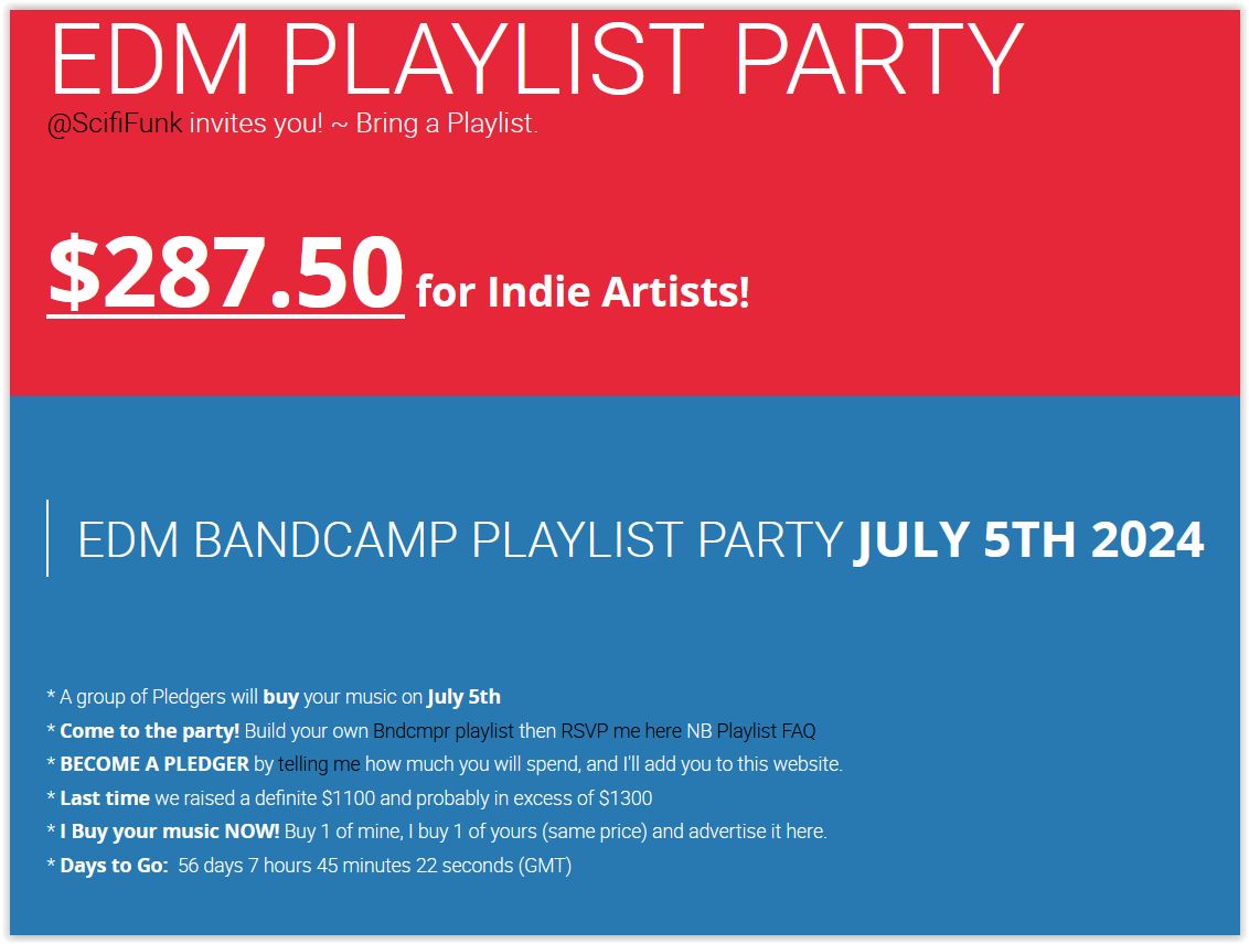 BOOOM!
@LeMortedAbby
Craaash in with a m-m-massive $50! We are now on $287.50 and we have our first top 10 pledges. Who will get us to $300? A pledge of $12.50 does it? Anyone? #edm #bandcamp #playlistparty #synthwave #supportindies