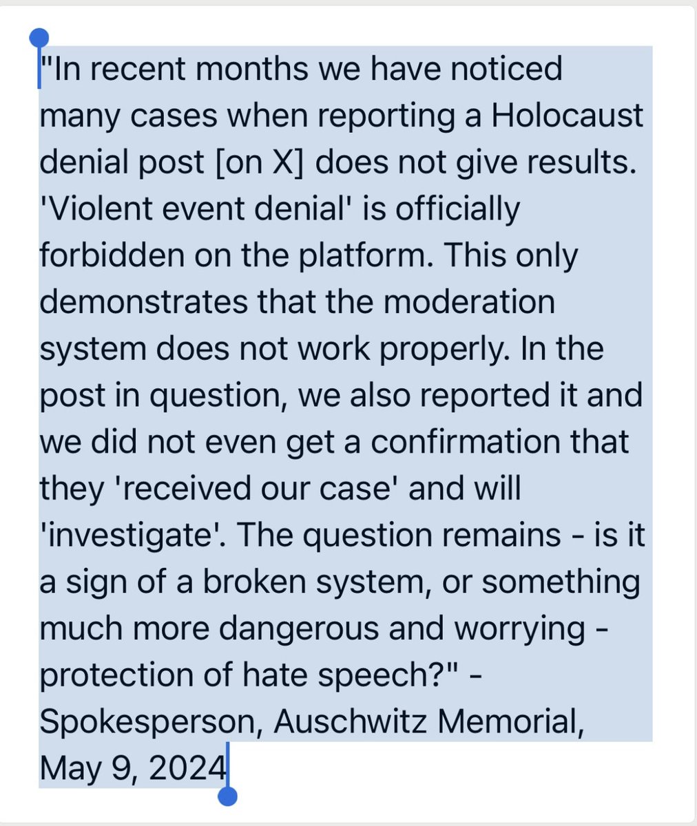 🚨NEW: The Auschwitz Memorial excoriates Elon Musk's X for failure to address Holocaust denial posts. A spokesperson messaged me, saying they reported the Holocaust denial post below, flagged by @BBC reporter @Shayan86 and have received no response from X. x.com/Shayan86/statu…