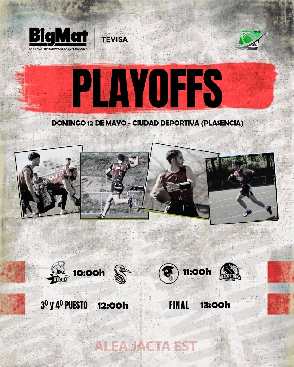 RomanosMerida's tweet image. SEMANA DE PLAYOFFS💥

⬇️

Domingo 12 de mayo
🏟️ Ciudad Deportiva (Plasencia)

11:00h 🆚 Black Storks - Semifinal
12:00h - 3° y 4° puesto
13:00h - Final

🪧 @anaarollan

📸 @nosoyperfecta

#meridaromanos⚔️ 
#flagfootball 
#ligaextremeña