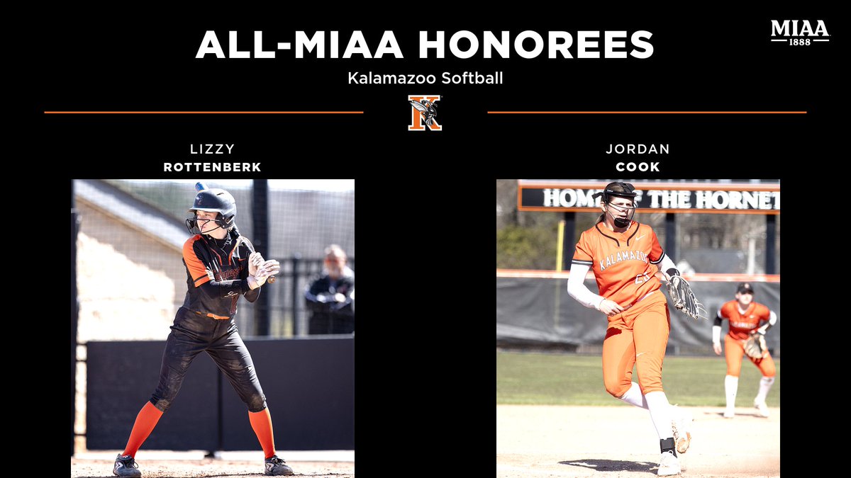 The @KzooSoftball team had two selections to the All-MIAA Teams, as Lizzy Rottenberk and Jordan Cook were named to the All-MIAA Second Team! #GoHornets Story: tinyurl.com/3vwjj4wu