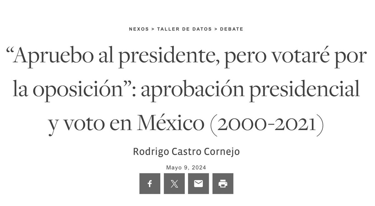 Comparto nota en el Taller de Datos de @nexosmexico sobre la (débil) relación entre aprobación presidencial y voto @ENEM_Mexico En las elecciones de 2000-2018, prácticamente 1 de cada 2 votantes que aprueba al Presidente en turno vota por la oposición. datos.nexos.com.mx/apruebo-al-pre…